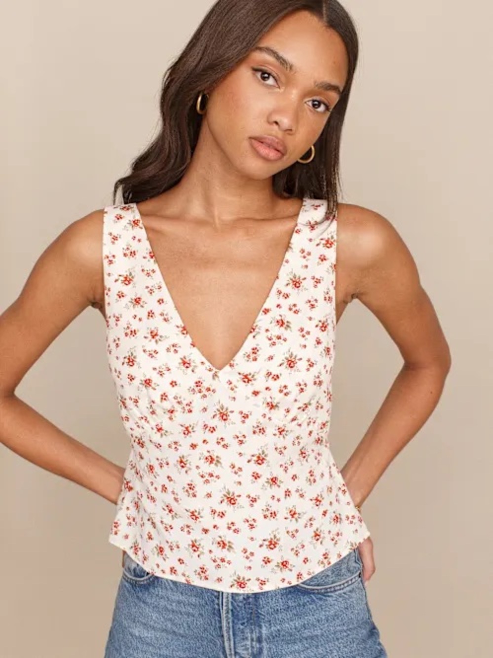 Reformation Cream V-Neck Floral Camisole with Red Print